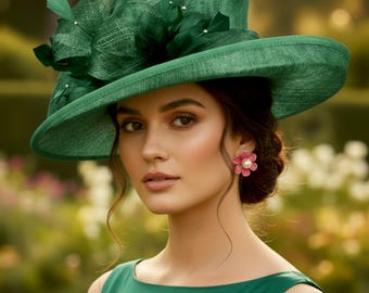 M4003 ( Green hat )Kentucky Derby hat, Church hat, Wedding hat, Easter hat, Mother of Bride hat, Ascot hat, Medium Brim Sinamay Hat