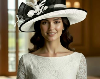 M4003 (blanc/noir) Derby du Kentucky, chapeau d'église, chapeau de mariage, chapeau de Pâques, chapeau de mère de la mariée, chapeau lavallière, chapeau Sinamay à bord moyen