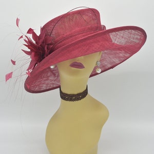 L17 ( Burgundy ) Kentucky Derby hat, Church hat, Wedding hat, Easter hat, Tea Party Royal Ascot with feather flower Med Brim Sinamay Hat