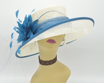 L17 (Ivory/Teal Blue)Kentucky Derby hat, Church hat, Wedding hat, Easter hat, Tea Party Royal Ascot with feather flower Med Brim Sinamay Hat