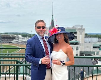 SD02( Navy/Hot Pink/Orange) Kentucky Derby Hat, Church Hat, Wedding Hat, Easter Hat Tea Party Feather flower Wide Brim Sinamay Hat