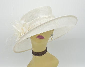L17 ( Off-White) Kentucky Derby hat, Church hat, Wedding hat, Easter hat, Tea Party Royal Ascot with feather flower Med Brim Sinamay Hat