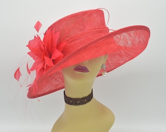 L17 Red – Medium-Brim Sinamay Hat with Feathers | Kentucky Derby, Weddings, Church, Ascot, Easter & Tea Party Hat