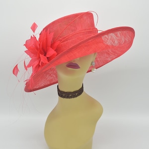 L17 ( Red ) Kentucky Derby hat, Church hat, Wedding hat, Easter hat, Tea Party Royal Ascot with feather flower Med Brim Sinamay Hat