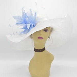 May include: A white wide-brimmed hat with a light blue flower and feather embellishment.