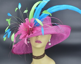 SD117 ( Fuchsia/Turquoise Blue/Lime Green ) Kentucky Derby hat, Easter, Tea Party, Horse race hat Med Brim with feather flower Sinamay Hat