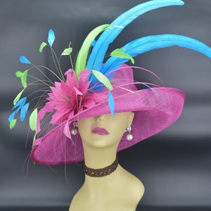SD117 ( Fuchsia/Turquoise Blue/Lime Green ) Kentucky Derby hat, Easter, Tea Party, Horse race hat Med Brim with feather flower Sinamay Hat
