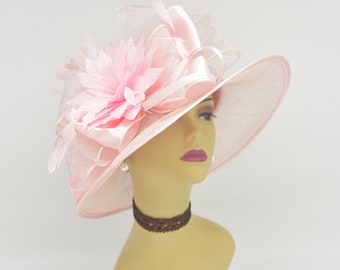 SF044 (Rosa claro + más colores) Derby de Kentucky, Iglesia, Boda, Pascua, Fiesta del té, Sombrero formal de sinamay con ala media de satén y plumas