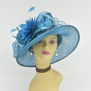 SF044( Teal + More colors )Kentucky Derby, Church, Wedding, Easter, Tea Party, Formal Feather Satin Med Brim Sinamay Hat
