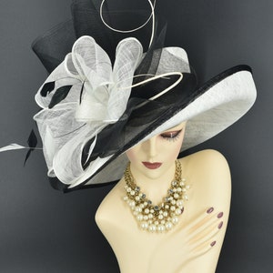 M22020( White Black hat)Kentucky Derby hat, Wedding hat, Royal Ascot hat, Mother of bride hat, Race hat, Tea party hat Wide Brim Sinamay Hat