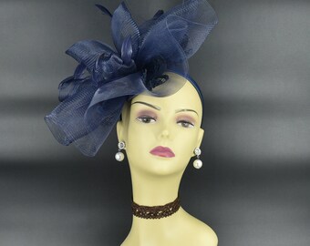 MF6190( Navy Blue ) Kentucky Derby Wedding Tea Party Sinamay w 7" wide Crin Lace Embroidered trim Feathers Quill Headband Large Fascinator