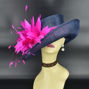 M901( Navy Bright Fuchsia ) Kentucky Derby Hat Church Hat Wedding Hat Easter Hat Tea Party Race hat Ascot hat Medium Brim Sinamay Dress Hat