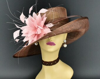 L17 ( Brown Dusty pink hat ) Kentucky Derby hat, Church hat, Wedding hat, Easter hat, Tea Party hat, Royal Ascot hat Med Brim Sinamay Hat