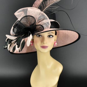 M916 ( Soft blush pink/Black ) Kentucky Derby hat, Church Wedding Easter Hat Tea Party Formal Hat & Big Bows Feathers Wide Brim Sinamay Hat
