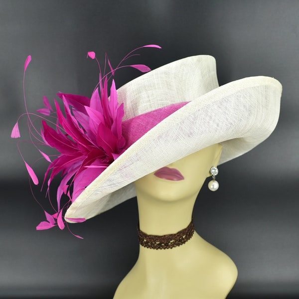 M901( Ivory Fuchsia Wine Hat)Kentucky Derby Hat Church Hat Wedding Hat Easter Hat Race hat Ascot hat Medium Brim Sinamay Dress Hat