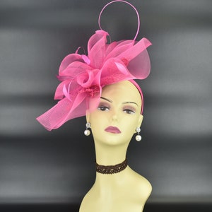 MF6190(Fuschia) Kentucky Derby Wedding Tea Party Sinamay w 7" wide Crin Lace Embroidered trim Feathers Quill Headband Large Fascinator