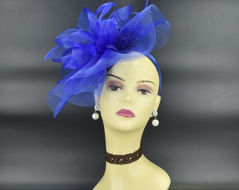 MF6190( Royal Blue ) Kentucky Derby Wedding Tea Party Sinamay w 7" wide Crin Lace Embroidered trim Feathers Quill Headband Large Fascinator