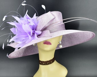 M936( Lilac hat ) Kentucky Derby hat, Wedding hat, Royal Ascot hat, Mother of bride hat Jumbo Feather Flower Wide Brim Sinamay Hat