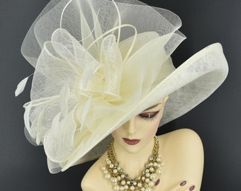 M22020( Ivory hat)Kentucky Derby hat, Wedding hat, Royal Ascot hat, Mother of bride hat, Race hat, Tea party hat Wide Brim Sinamay Hat