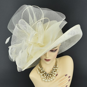 M22020( Ivory hat)Kentucky Derby hat, Wedding hat, Royal Ascot hat, Mother of bride hat, Race hat, Tea party hat Wide Brim Sinamay Hat