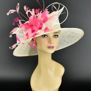 M23012-1( Ivory/Coral Hot pink )Kentucky Derby Hat Church Hat Wedding Hat Easter Hat Tea Party Feather Flower Wide Brim Sinamay Hat