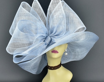 SD28A ( Light blue hat ) Kentucky Derby Hat, Church Hat, Wedding Hat, Eater hat, Tea Party Hat, Race hat Jumbo Bow Wide Brim Sinamay Hat