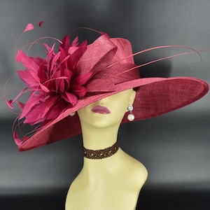 M936( Burgundy hat ) Kentucky Derby hat, Wedding hat, Royal Ascot hat, Mother of bride hat Jumbo Feather Flower Wide Brim Sinamay Hat