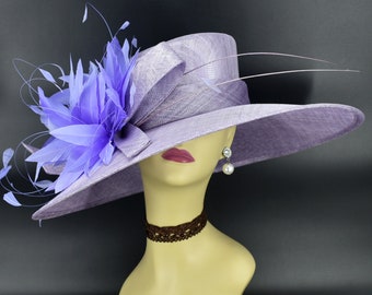 M936( Lavender hat ) Kentucky Derby hat, Wedding hat, Royal Ascot hat, Mother of bride hat Jumbo Feather Flower Wide Brim Sinamay Hat