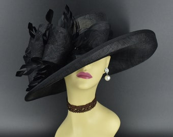 M4002 ( Black hat ) Kentucky Derby hat, Church hat, Wedding hat, Easter hat, Mother of Bride hat, Royal Ascot hat, Med Brim Sinamay Hat