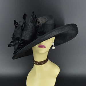 M4002 ( Black hat ) Kentucky Derby hat, Church hat, Wedding hat, Easter hat, Mother of Bride hat, Royal Ascot hat, Med Brim Sinamay Hat