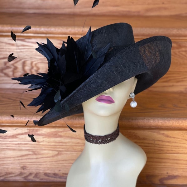 M901 (Schwarz + weitere Farboptionen) Kentucky Derby-Hut, Kirchenhut, Hochzeitshut, Osterhut, Teeparty, Sinamay-Kleiderhut mit mittlerer Krempe