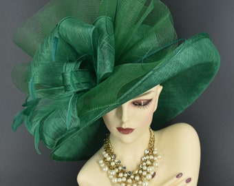 M22020( Green hat)Kentucky Derby hat, Wedding hat, Royal Ascot hat, Mother of bride hat, Race hat, Tea party hat Wide Brim Sinamay Hat