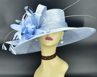 M936( Light Blue hat ) Kentucky Derby hat, Wedding hat, Royal Ascot hat, Mother of bride hat Jumbo Feather Flower Wide Brim Sinamay Hat