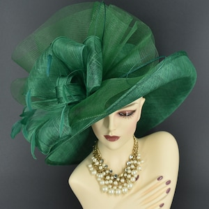 M22020( Green hat)Kentucky Derby hat, Wedding hat, Royal Ascot hat, Mother of bride hat, Race hat, Tea party hat Wide Brim Sinamay Hat