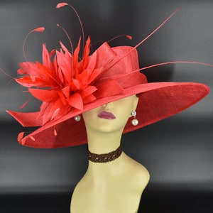 M936( Red hat ) Kentucky Derby hat, Wedding hat, Royal Ascot hat, Mother of bride hat Jumbo Feather Flower Wide Brim Sinamay Hat