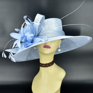 M936( Light Blue hat ) Kentucky Derby hat, Wedding hat, Royal Ascot hat, Mother of bride hat Jumbo Feather Flower Wide Brim Sinamay Hat