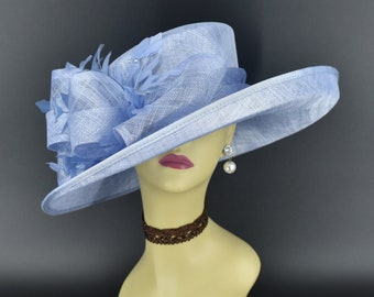 M4002 ( Periwinkle hat ) Kentucky Derby hat, Church hat, Wedding hat, Easter hat, Mother of Bride hat, Royal Ascot hat, Med Brim Sinamay Hat