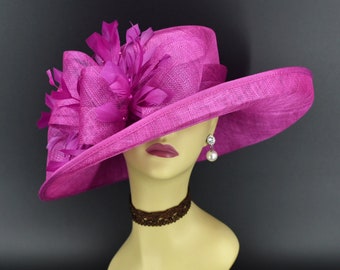 M4002 ( Fuchsia hat ) Kentucky Derby hat, Church hat, Wedding hat, Easter hat, Mother of Bride hat, Royal Ascot hat, Med Brim Sinamay Hat