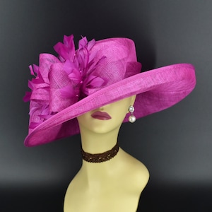 M4002 ( Fuchsia hat ) Kentucky Derby hat, Church hat, Wedding hat, Easter hat, Mother of Bride hat, Royal Ascot hat, Med Brim Sinamay Hat