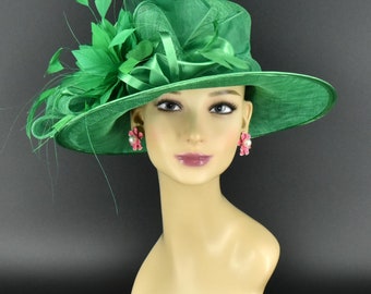 SF044( Green + More colors )Kentucky Derby, Church, Wedding, Easter, Tea Party, Formal Feather Satin Med Brim Sinamay Hat