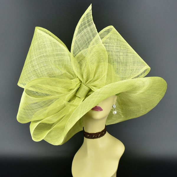SD28A ( Lime Green hat ) Kentucky Derby Hat, Church Hat, Wedding Hat, Eater hat, Tea Party Hat, Race hat Jumbo Bow Wide Brim Sinamay Hat