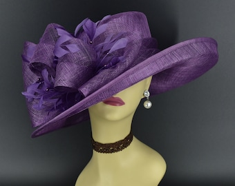 M4002 ( Purple hat ) Kentucky Derby hat, Church hat, Wedding hat, Easter hat, Mother of Bride hat, Royal Ascot hat, Med Brim Sinamay Hat