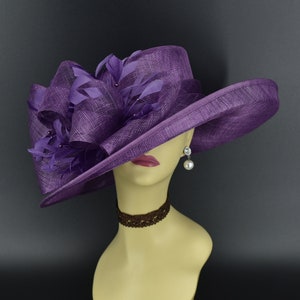 M4002 ( Purple hat ) Kentucky Derby hat, Church hat, Wedding hat, Easter hat, Mother of Bride hat, Royal Ascot hat, Med Brim Sinamay Hat