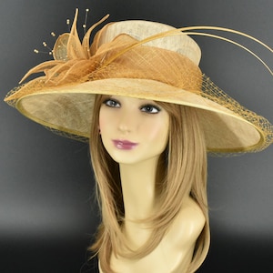 M489(Pale Gold/Gold)Kentucky Derby Hat Church Hat Wedding Hat Easter Hat Tea Party Hat Formal Hat & Net Wide Brim Sinamay Hat