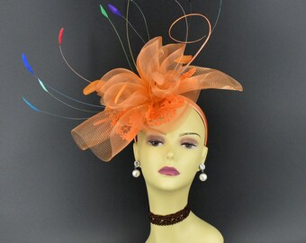 MF6190L (Orange + multi-colors) Kentucky Derby Wedding Sinamay w 7" wide Crin Lace Embroidered trim Feathers Quill Headband Large Fascinator