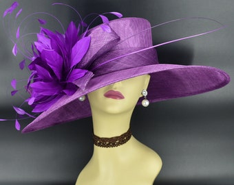 M936( Mauve Violet Purple Hat ) Kentucky Derby hat, Wedding hat, Royal Ascot hat, Mother of bride hat Jumbo Flower Wide Brim Sinamay Hat