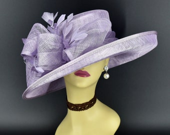 M4002 ( Lilac hat) Kentucky Derby hat, Church hat, Wedding hat, Easter hat, Mother of Bride hat, Royal Ascot hat, Med Brim Sinamay Hat