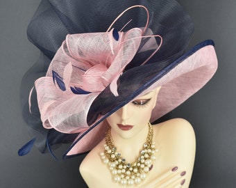 M22020( Navy pink hat)Kentucky Derby hat, Wedding hat, Royal Ascot hat, Mother of bride hat, Tea party hat Wide Brim Sinamay Hat