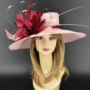M936( Blush pink Burgundy hat )High Quality Kentucky Derby Hat Wedding Easter hat Royal Ascot Wide Brim & feather flower Woman Sinamay Hat