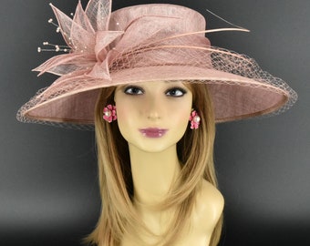 M489 (rosa antico) Cappello da Kentucky Derby, cappello da chiesa, cappello da matrimonio, cappello pasquale, cappello da festa del tè, cappello formale e cappello Sinamay a tesa larga in rete